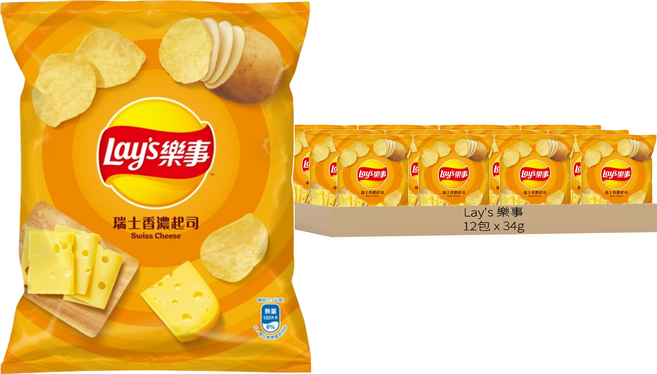 Lay's 樂事 洋芋片 瑞士香濃起司, 34g, 12包