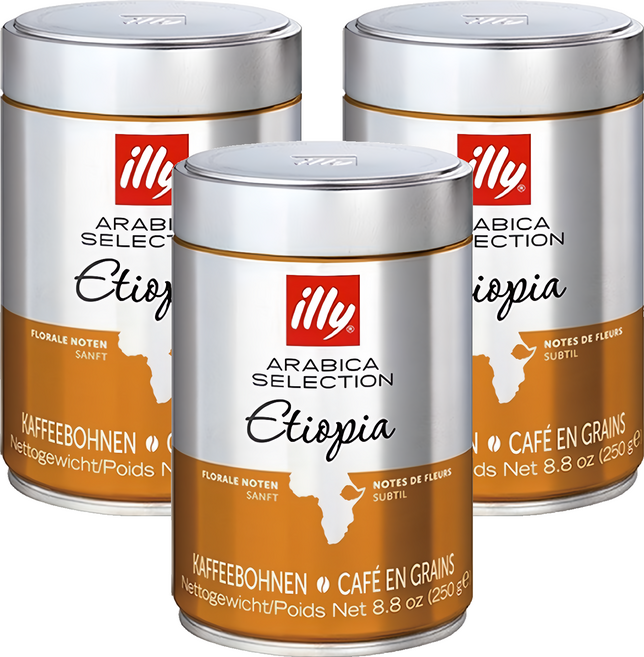 Illy 意利咖啡 衣索比亞 Ethiopia 單品咖啡豆 全豆 無研磨 義大利原裝進口 專利氮氣加壓包裝技術鎖著香氣 100%阿拉比卡咖啡豆, 250g, 3罐