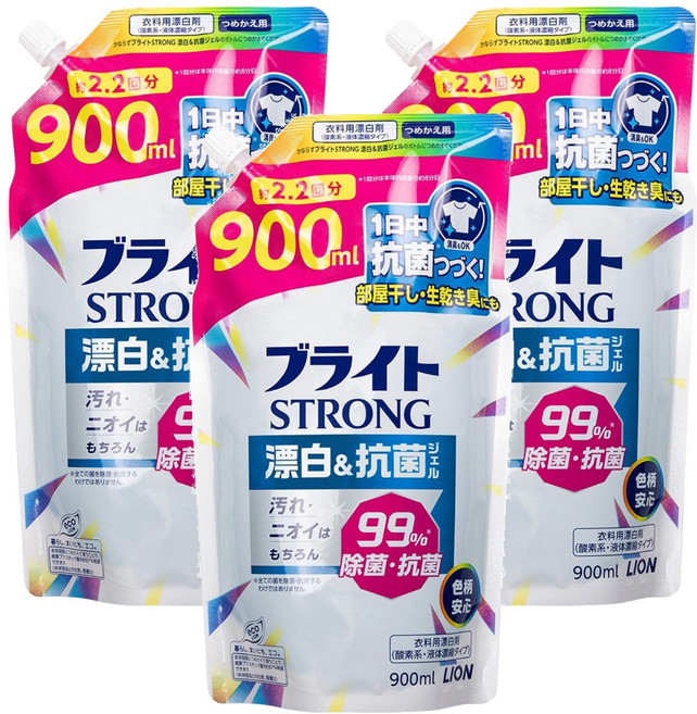 LION 獅王 STRONG 強效去污漂白劑補充包 彩色衣物適用, 900ml, 3包