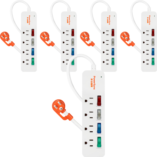 PowerSync 群加 4開彩色開關防雷擊延長線 4孔 TS4C9012, 1.2m, 5條, 白色