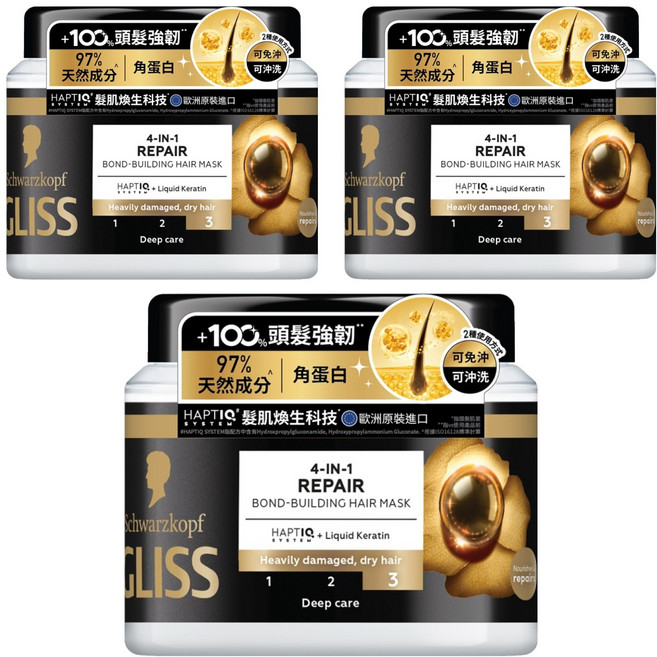 Schwarzkopf 施華蔻 GLISS 台灣公司貨 髮肌煥生蛋白髮膜, 3個, 400ml