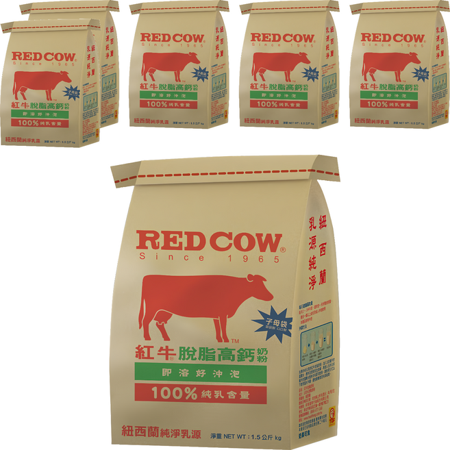 RED COW 紅牛 紐西蘭 脫脂高鈣奶粉, 1.5kg, 6袋