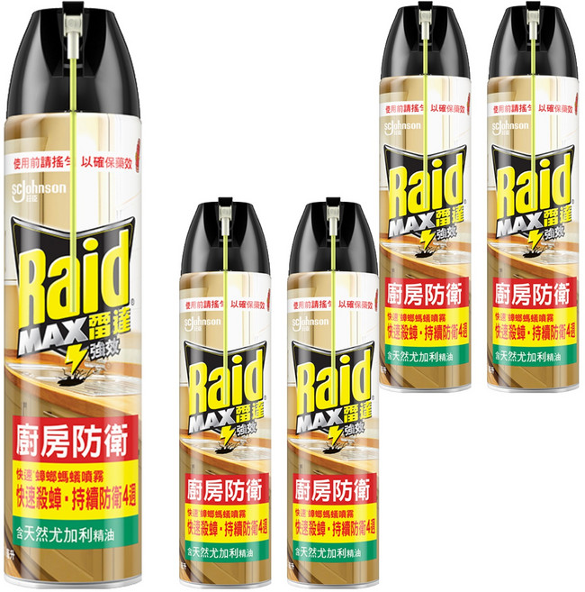 Raid 雷達 快速蟑螂螞蟻藥 尤加利, 500ml, 5罐
