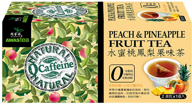 AWAStea 阿華師 零咖啡因 水蜜桃鳳梨果味茶 三角立體茶包, 2.8g, 18包, 1盒