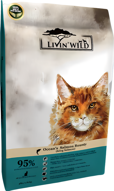 LIVIN'WILD 野宴 全齡貓 無穀配方 乾飼料 紐西蘭全新天然糧 薄片外型, 1810g, 1袋, 野生帝王鮭魚