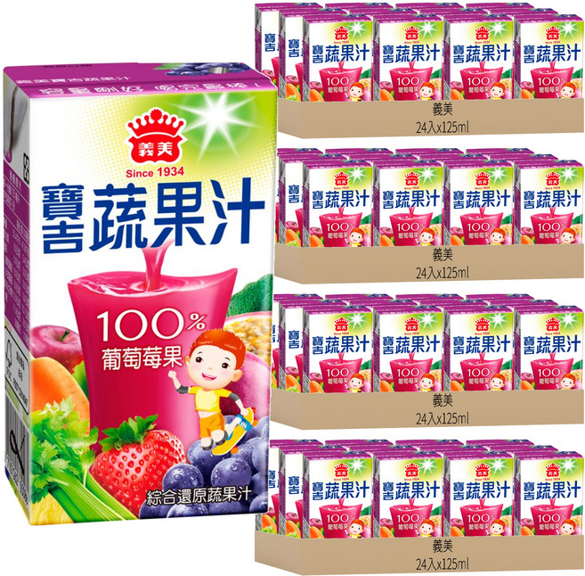 義美 寶吉蔬果汁 葡萄苺果, 125ml, 96入