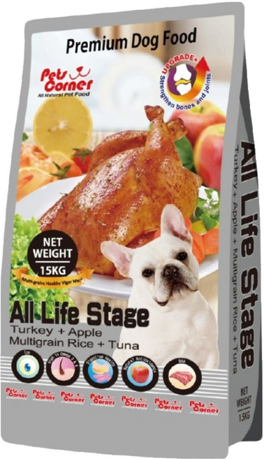 Pets Corner 沛克樂 全齡犬用 養身五穀活力餐 狗乾糧 小顆粒 火雞肉 + 蘋果 + 五穀米 +鮪魚, 15kg, 1袋, 火雞肉 + 蘋果 + 五穀米 + 鮪魚