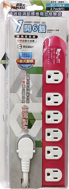 SUPERCELL 超電王 1開6插電腦延長線 3孔 SC-106-9, 2.7m, 顏色隨機, 1條
