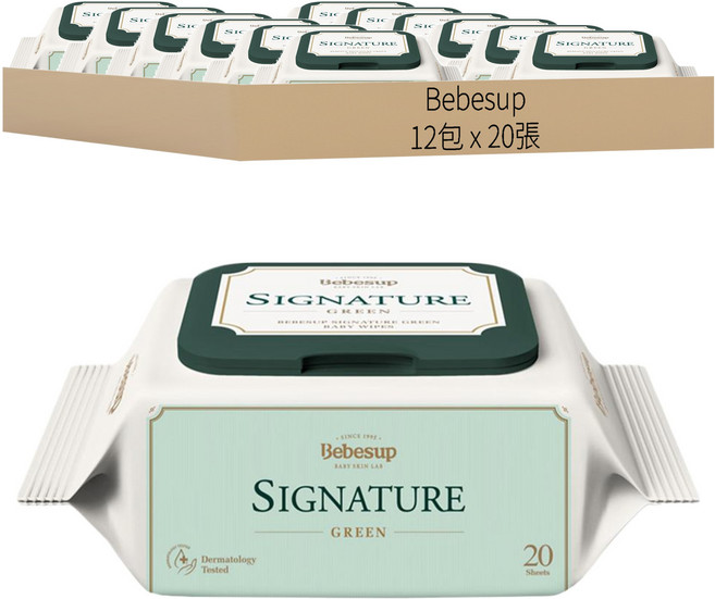 Bebesup 經典綠色 嬰兒濕紙巾, 20張, 12包