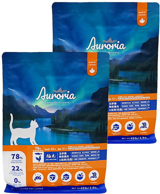 Auroria 極光 無穀天然貓糧, 1lb, 2包, 雞肉 + 鮭魚