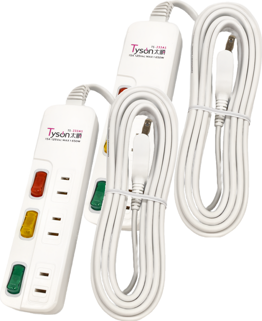 Tyson 太順電業 2孔3開3插防雷擊延長線插座 15尺 TS-233AS, 4.5m, 白色, 2個