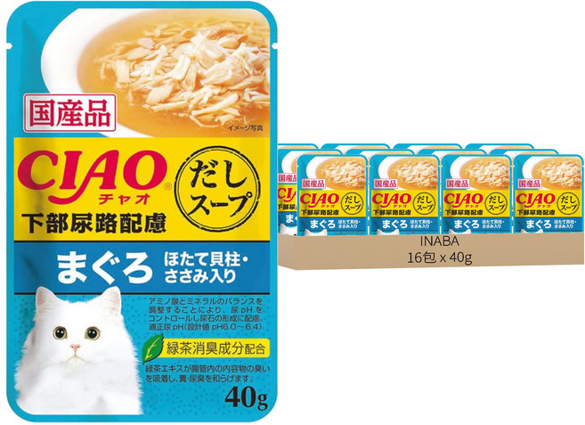 INABA CIAO 餐包, 雞肉 + 鮪魚 + 干貝 泌尿保健, 40g, 16包, 雞肉、鮪魚、干貝