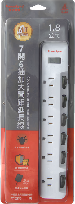 PowerSync 群加 7開6插防雷擊抗搖擺加大間距延長用電源線組 3孔 TS76B918 479g, 1.8m, 白色, 1條