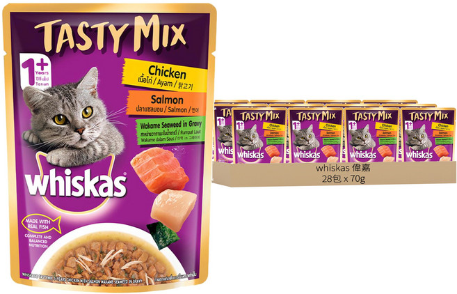 whiskas 偉嘉 什錦珍味妙鮮包 貓主食餐包, 雞肉 + 鮭魚 + 海藻湯汁, 70g, 28包