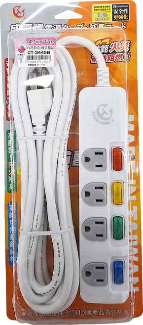 CENTENARY 成電牌 4切4座延長線 3孔, 4.5m, 白色, 1條