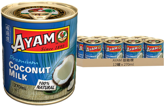 AYAM 雄雞標 特級椰奶, 270ml, 12罐