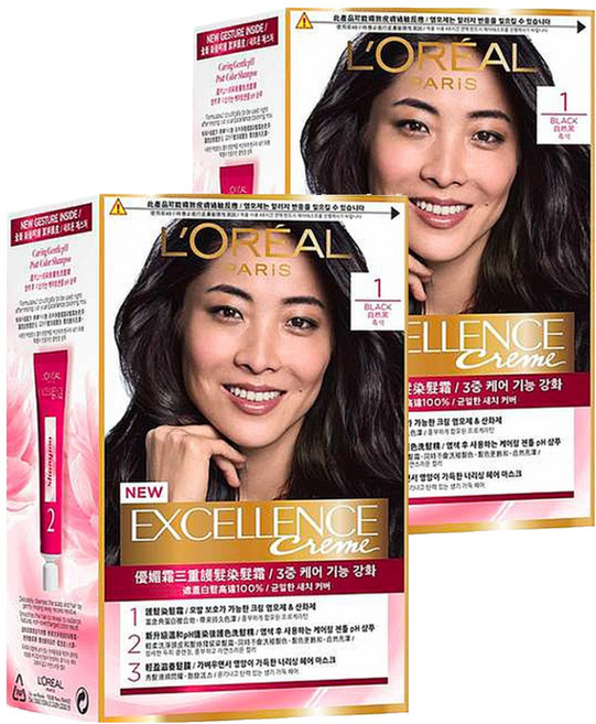 L'OREAL PARiS 巴黎萊雅 優媚霜三重護髮染髮霜 Excellence Creme 顯色敷用劑72ml+護髮染髮霜48ml+溫和PH值染後護色洗髮精12ml+輕盈滋養髮膜40ml+染髮梳+手套, 1 自然黑, 2盒
