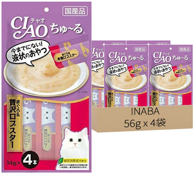 INABA CIAO 啾嚕 肉泥, 奢華鮪魚 + 龍蝦, 56g, 4袋