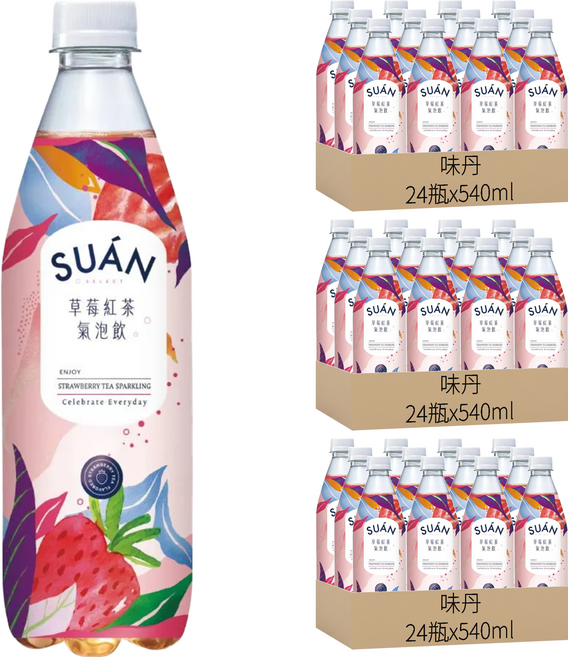 味丹 究.選 SUAN 草莓紅茶氣泡飲, 540ml, 72瓶