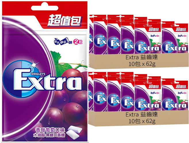 Extra 益齒達 木醣醇 無糖口香糖 香甜葡萄口味, 62g, 20包