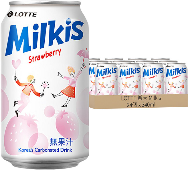 LOTTE 樂天 Milkis 草莓優格風味碳酸飲, 340ml, 24罐
