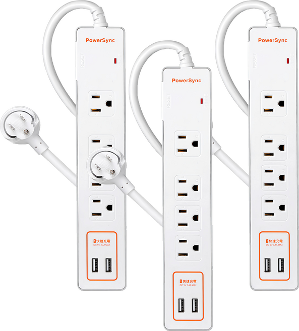 PowerSync 群加 USB 2埠 + 1開防雷擊延長線 4孔 TPS314GB9018A, 1.8m, 白色, 3條