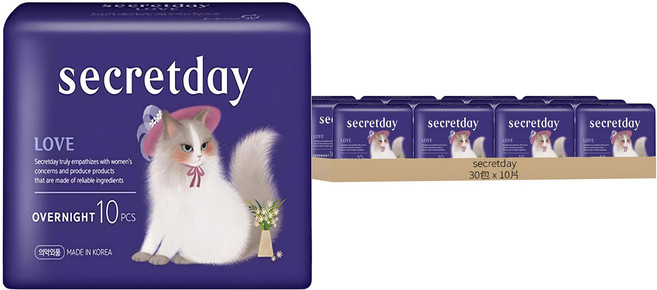 secretday 韓國原裝進口 Love系列 蝶翼衛生棉, 夜用型(36cm), 10片, 30包