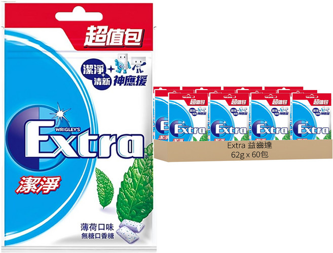 Extra 益齒達 潔淨無糖口香糖 薄荷口味, 62g, 60包