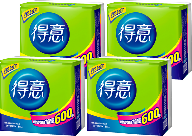 得意 抽取式衛生紙 150張, 12包, 4袋