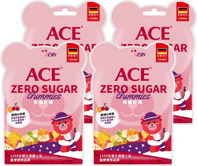 ACE ZERO SUGAR Q 軟糖 櫻桃 + 檸檬, 40g, 4袋