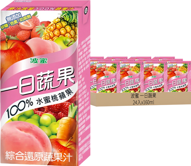 波蜜 一日蔬果 100%水蜜桃蘋果蔬果汁, 160ml, 24入