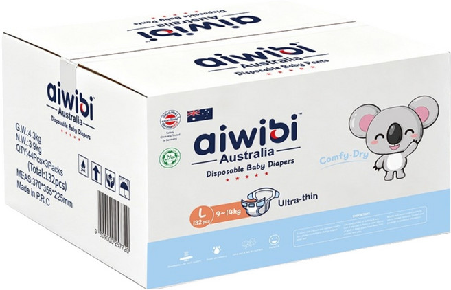 aiwibi 愛薇彼 零觸感瞬吸黏貼型尿布 9~14kg, L, 132片