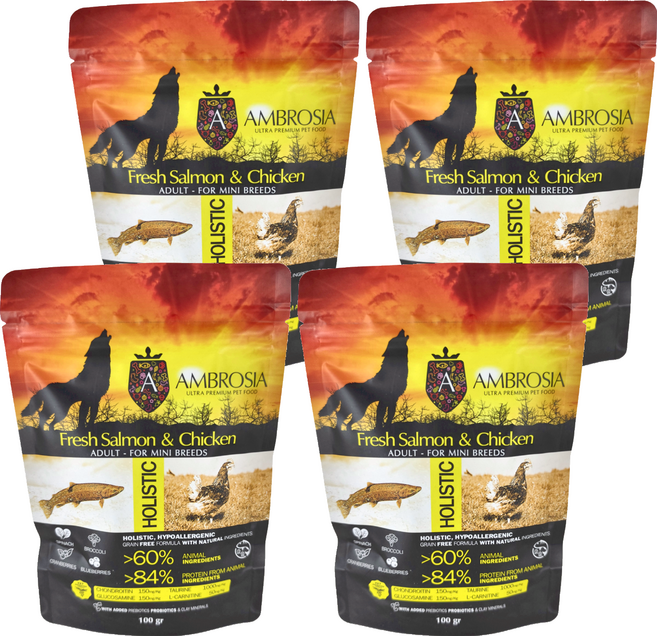 AMBROSIA 安柏希雅 無穀鮮肉犬糧, 鮭魚 + 雞肉, 100g, 4袋