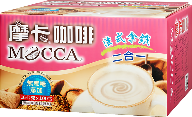 MOCCA 摩卡 法式拿鐵 二合一咖啡 無糖, 16g, 100包, 1盒