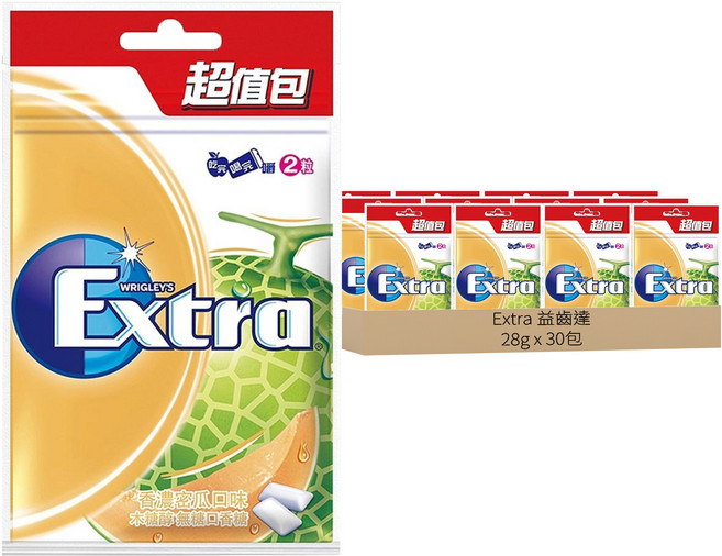 Extra 益齒達 潔淨無糖口香糖 香濃蜜瓜, 28g, 30包