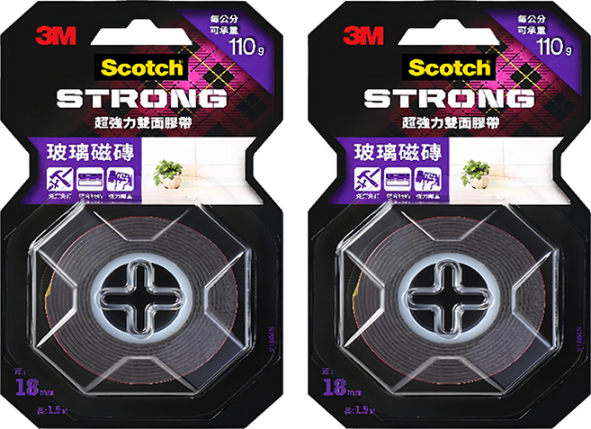 3M Scotch 超強力雙面膠帶 玻璃磁磚面 V1804N 18mm x 1.5m, 紅色, 2捲