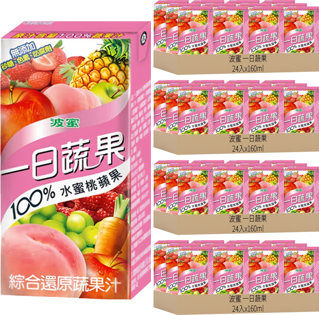 波蜜 一日蔬果 100%水蜜桃蘋果蔬果汁, 160ml, 96入