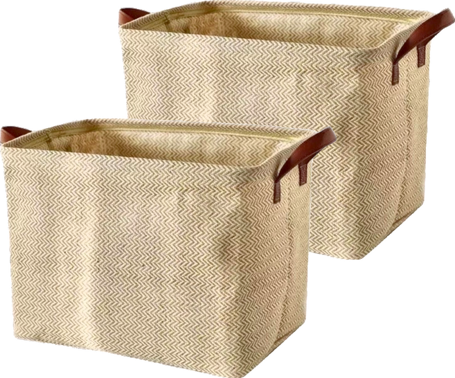 KUIBAO 快豹生活 簡約棉麻收納籃 波浪紋麻, 咖色, 2個