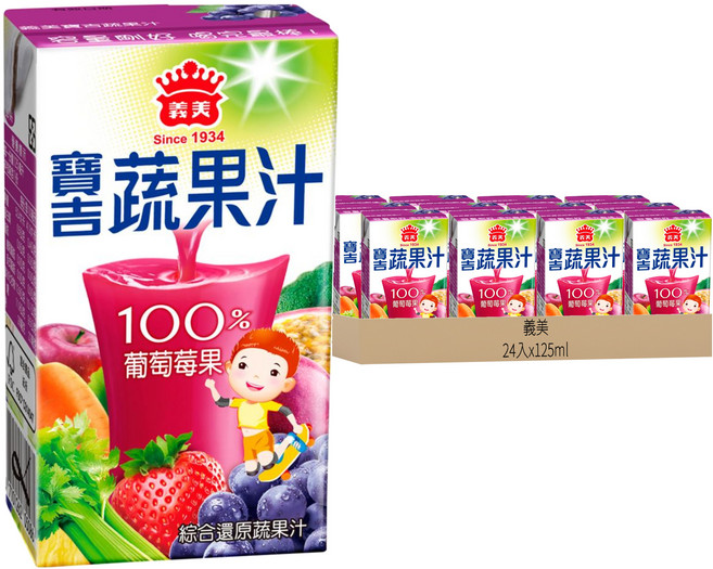 義美 寶吉蔬果汁 葡萄苺果, 125ml, 24入
