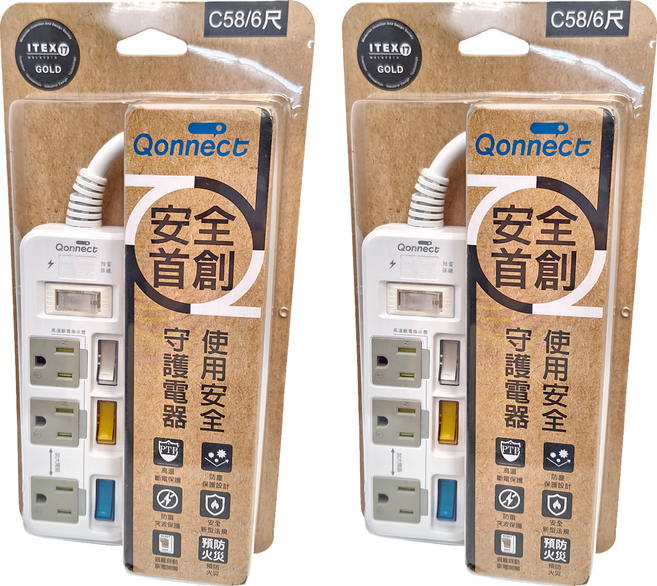 Qonnect 4開3插3P高溫斷電延長線 C58BO, 1.8m, 白色, 2個