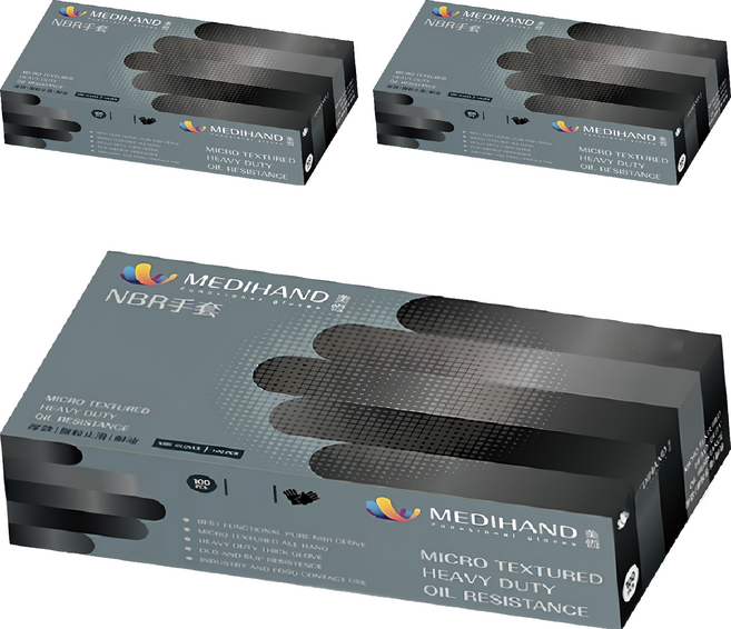 MEDIHAND 美恆 NBR手套 微粒止滑 厚款手套, 黑色, M, 3盒