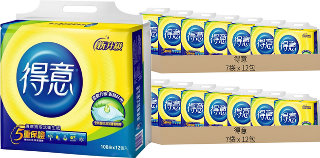 得意 連續抽取式花紋衛生紙 100張 - 柔軟舒適 原生紙漿 大容量, 12包, 14袋