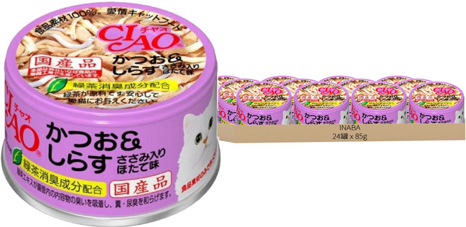 INABA CIAO 啾嚕 貓用 旨定罐, 鰹魚 + 吻仔魚 + 干貝, 85g, 24罐