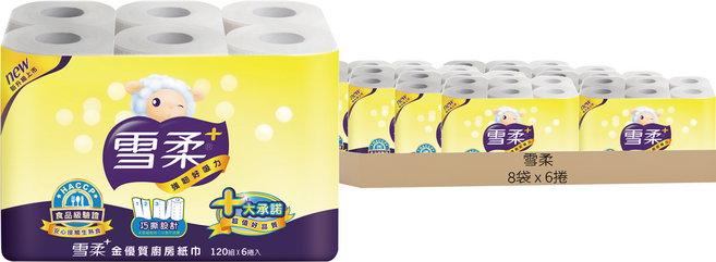 雪柔 金優質廚房紙巾 120組 雙層, 6捲, 8袋