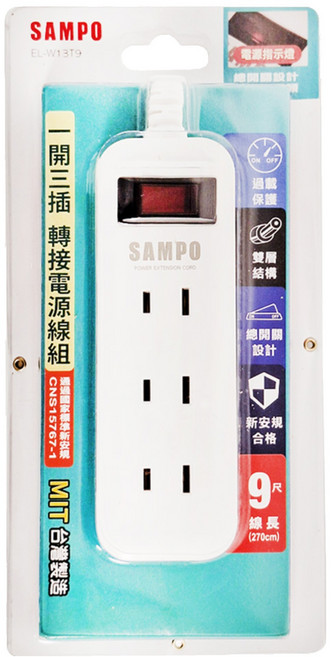 SAMPO 聲寶 一開三插轉接電源線組 2孔, 2.7m, 白色, 1條