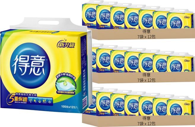 得意 連續抽取式花紋衛生紙 100張 - 柔軟舒適 原生紙漿 大容量, 12包, 21袋