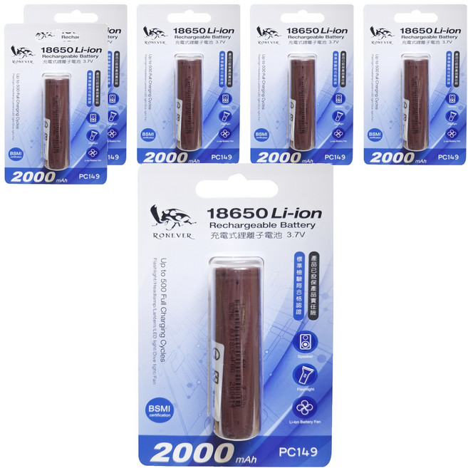 RONEVER 鋰離子18650電池 2000mAh 顏色隨機, 6個, 1入