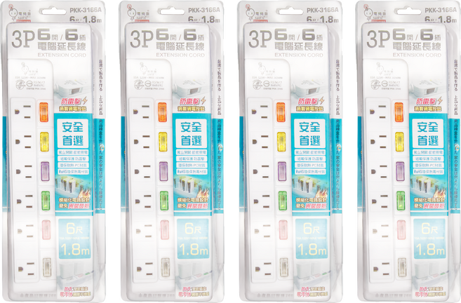 spirit 電精靈 6開6插突波防雷擊電腦延長線 獨立開關 平貼插頭, 1.8m, 白色, 4條