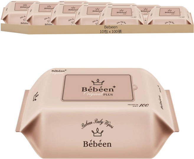 Bebeen Original Plus 嬰兒用溼紙巾 補充包, 100張, 10包