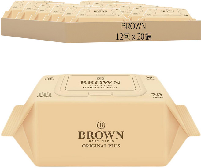 BROWN 便攜式低刺激掀蓋型濕紙巾, 55g, 20張, 12包